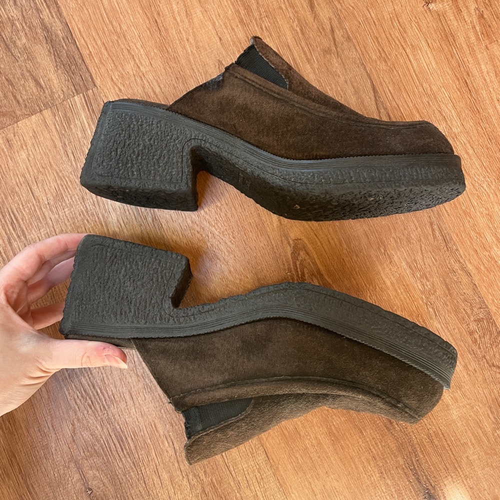 Y2K Chunky Heeled Leather Suede Mules Size 10 Brown Retro Hush Puppies 70s 90s - Picture 6 of 7